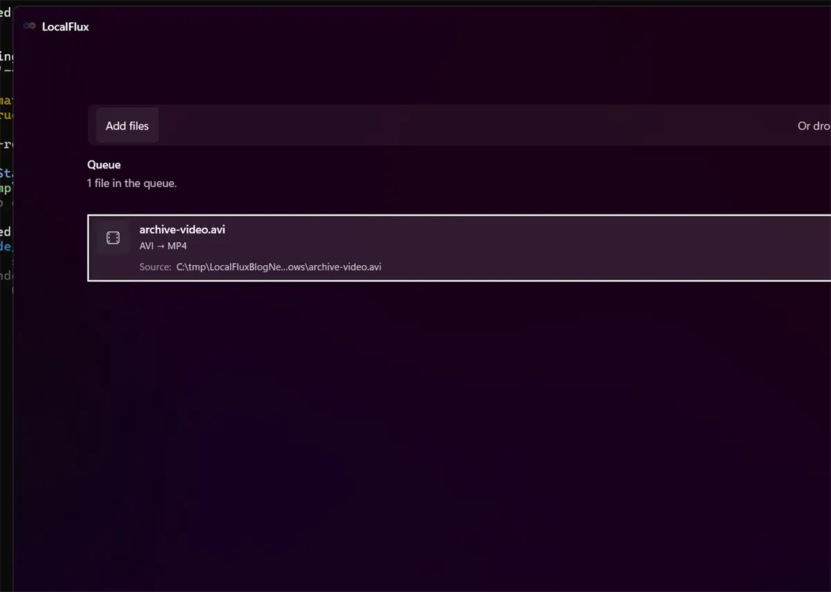 LocalFlux workflow for how to convert avi to mp4 on windows without uploading.