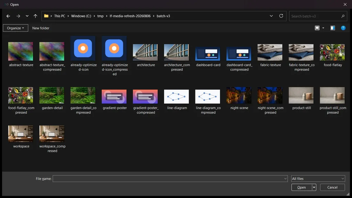 Windows file picker showing the 12 privacy-safe synthetic inputs under C:\tmp.