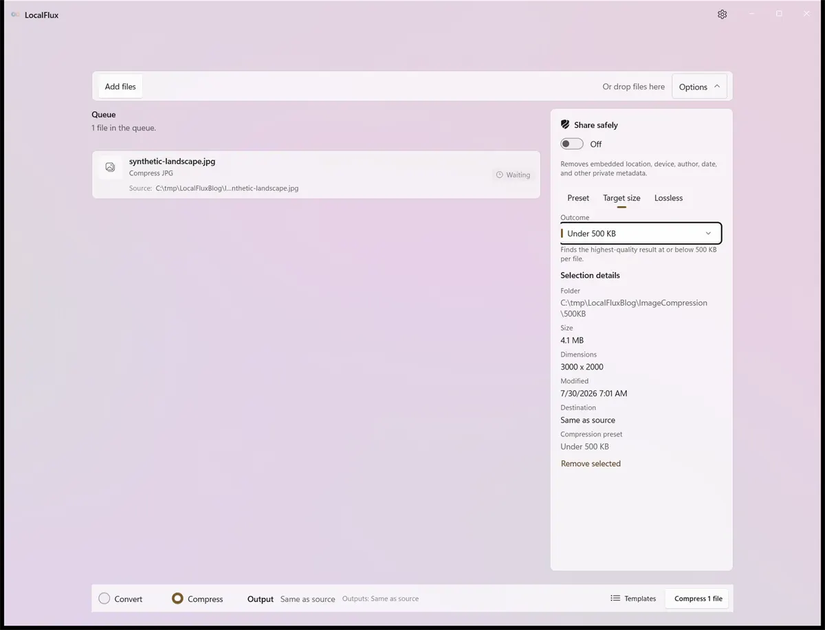 LocalFlux Target size options with Under 500 KB selected.