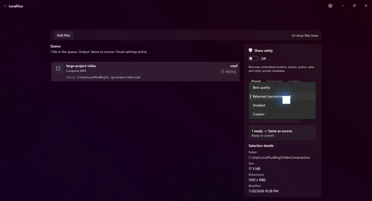 LocalFlux compression menu showing Best quality, Balanced, Smallest, and Custom presets.