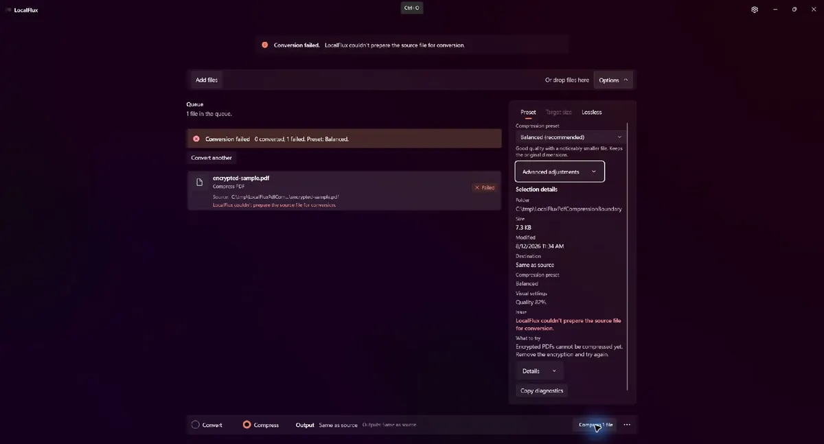 LocalFlux rejecting an encrypted PDF and explaining how to proceed.