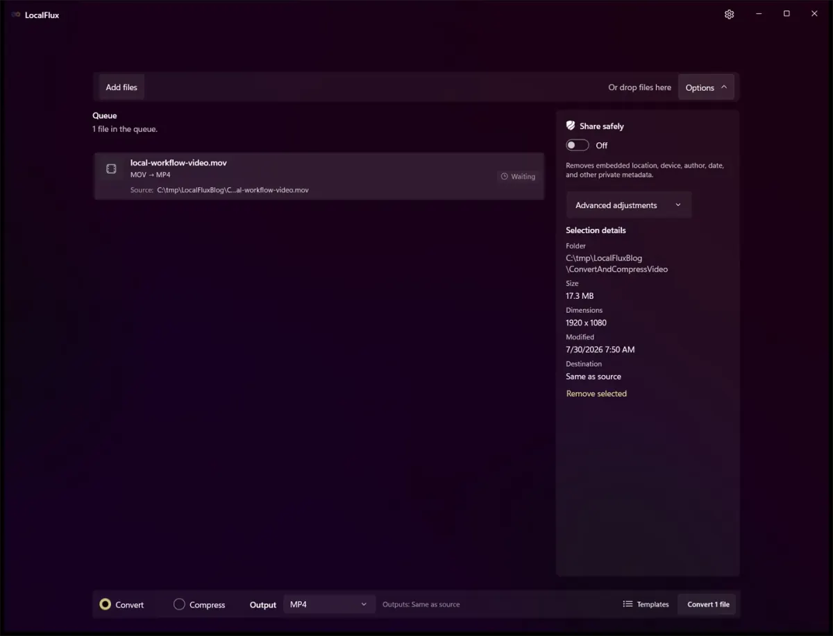 LocalFlux on Windows with a 17.3 MB MOV ready to convert locally to MP4.