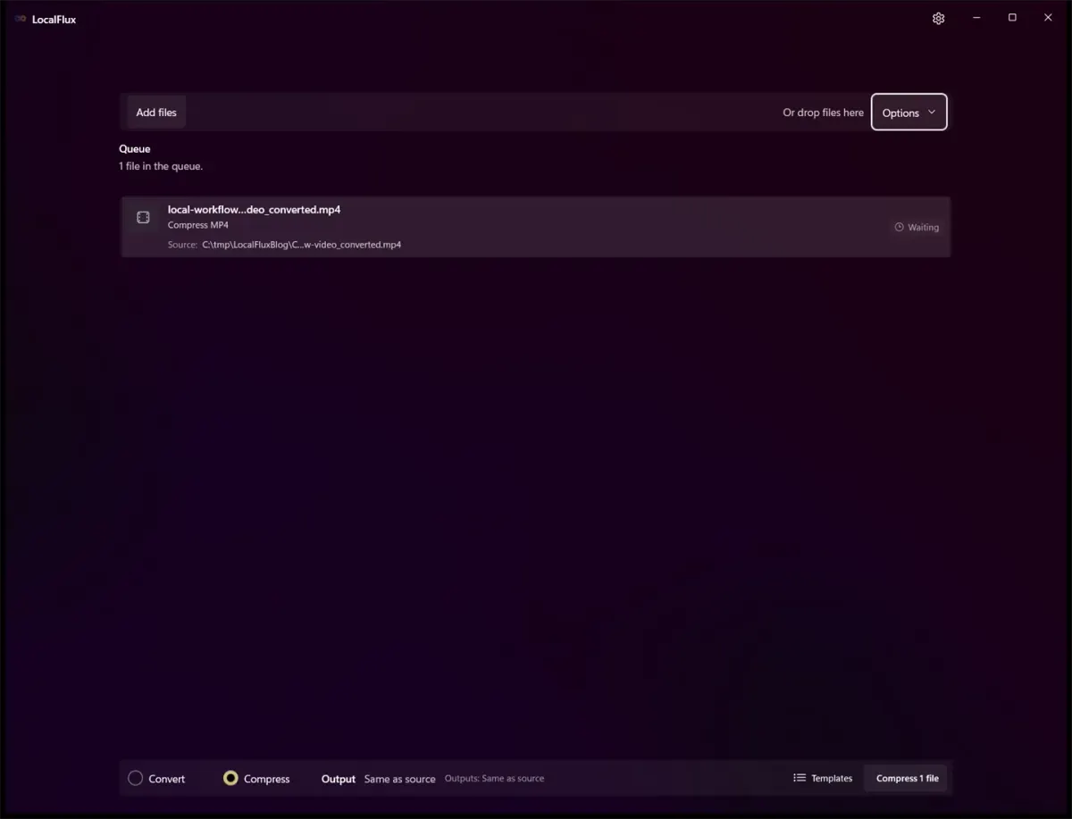 The converted MP4 ready in LocalFlux Compress mode with Options closed.