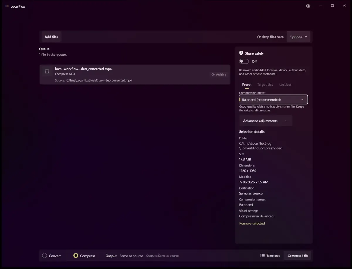 LocalFlux compression options showing the Balanced recommended preset for the converted MP4.