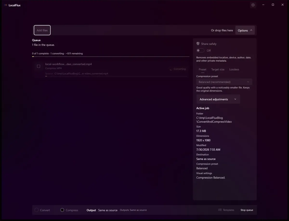 LocalFlux actively compressing the converted MP4 with the Balanced preset.