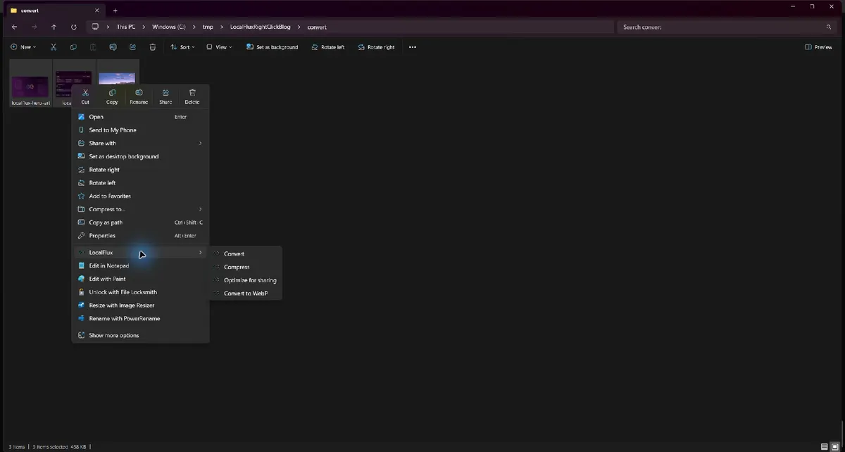 Windows 11 File Explorer showing the LocalFlux submenu with Convert, Compress, Optimize for sharing, and Convert to WebP.