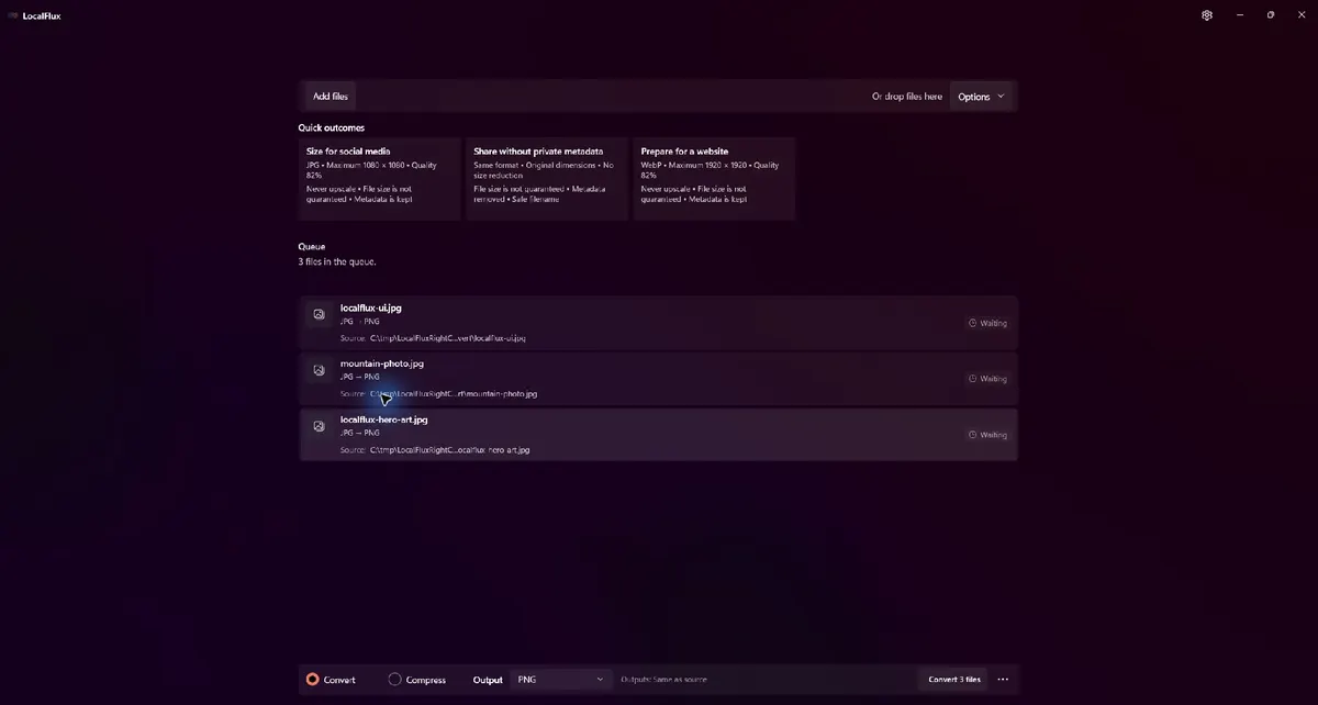 Three JPG files loaded from the Windows 11 right-click Convert action.