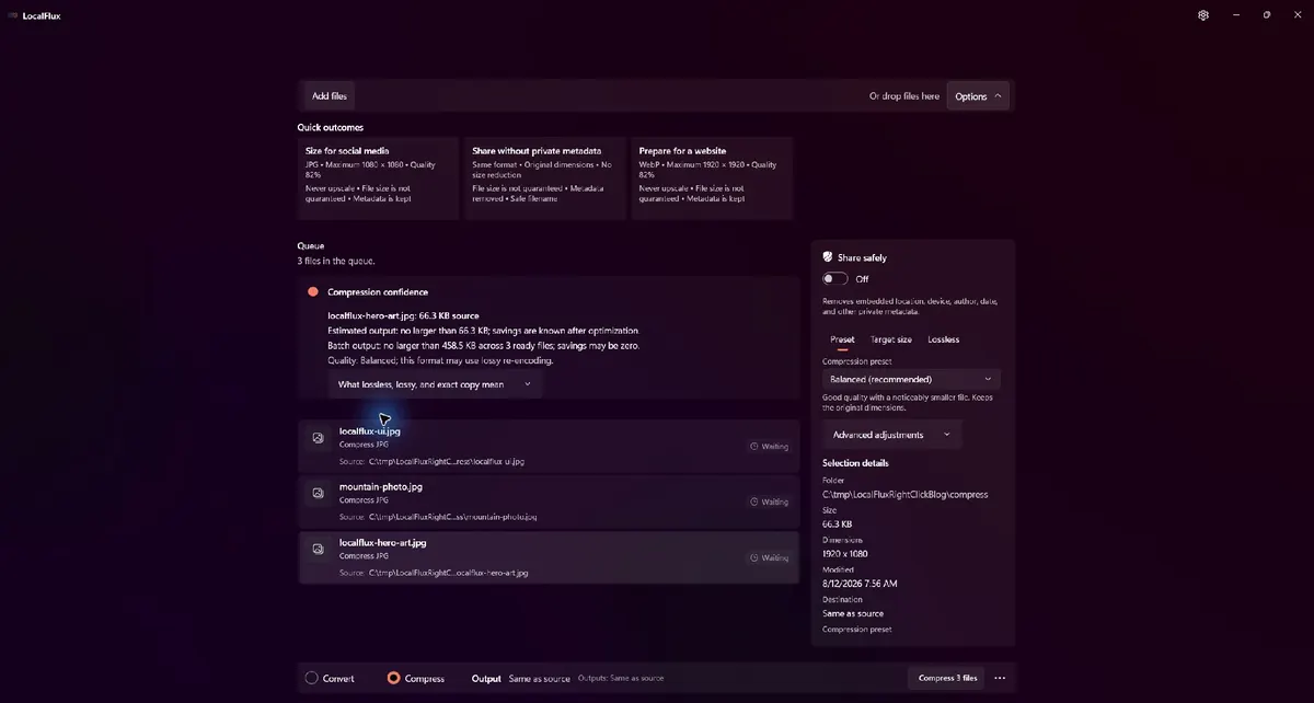 LocalFlux Compress mode loaded from the Windows 11 context menu.