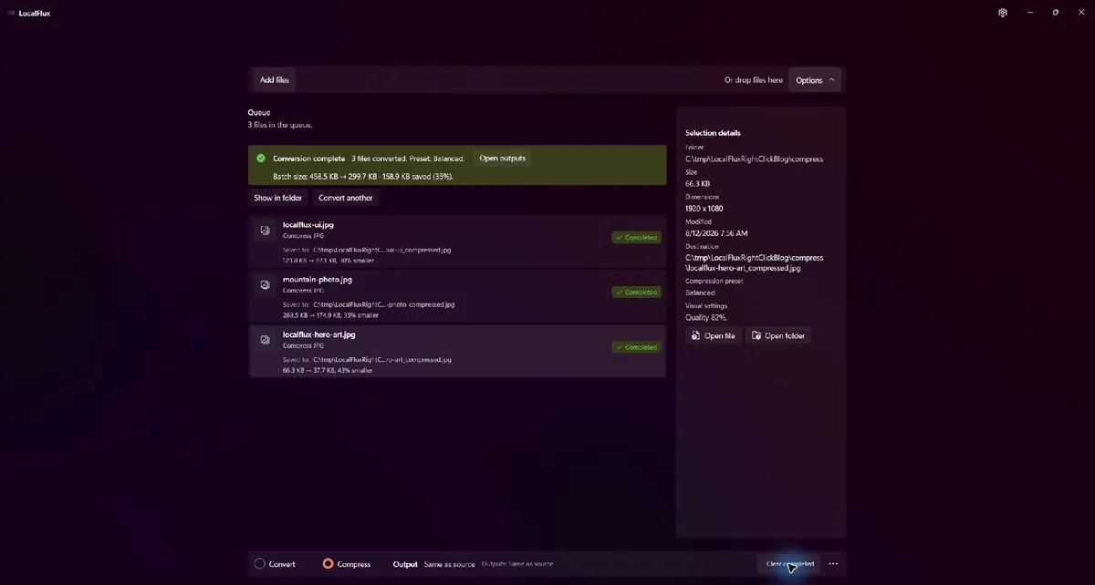 LocalFlux showing the completed three-file compression batch.