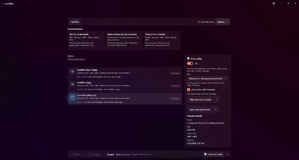 Optimize for sharing loaded with metadata removal and privacy-safe filenames enabled.