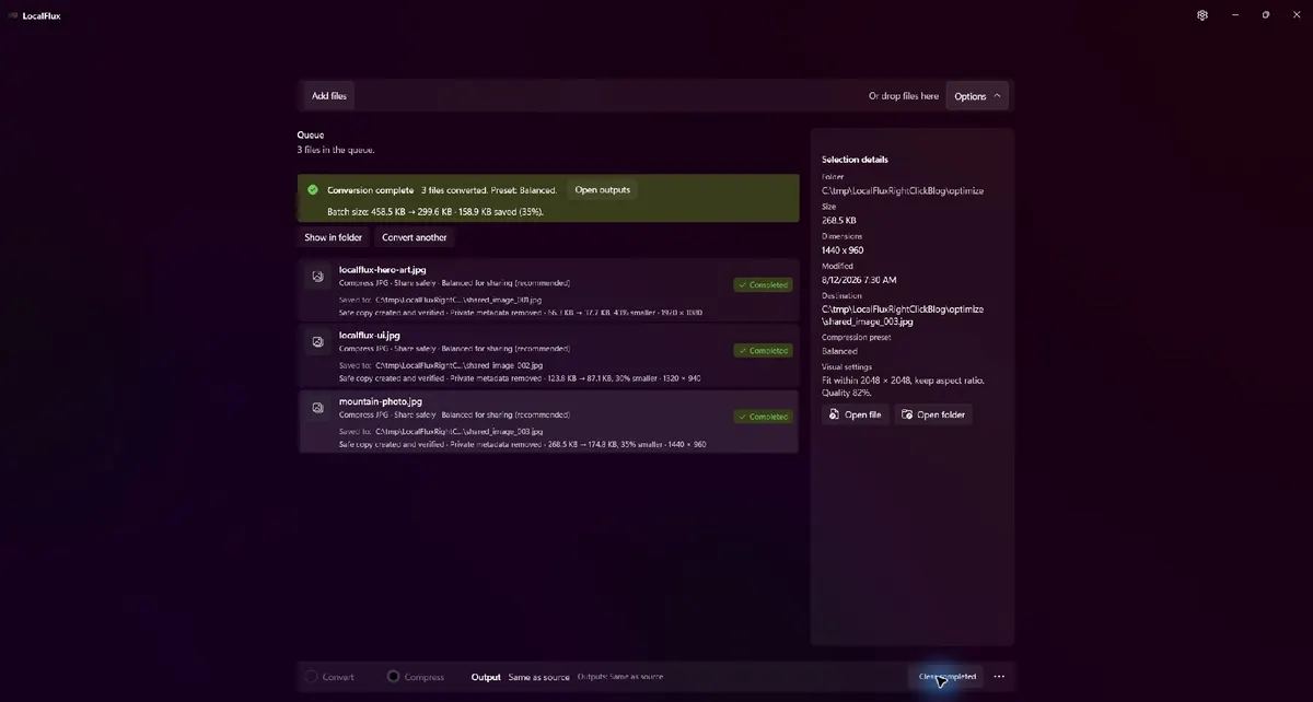 LocalFlux showing three completed, verified sharing copies.