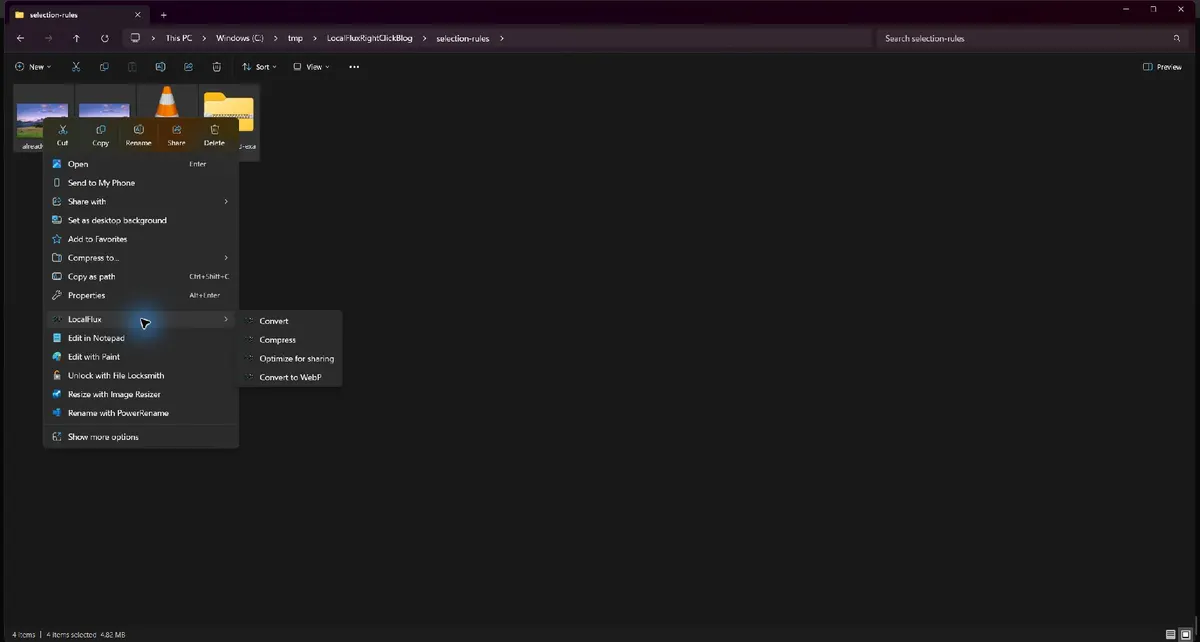Windows 11 showing LocalFlux actions for a mixed four-file selection.