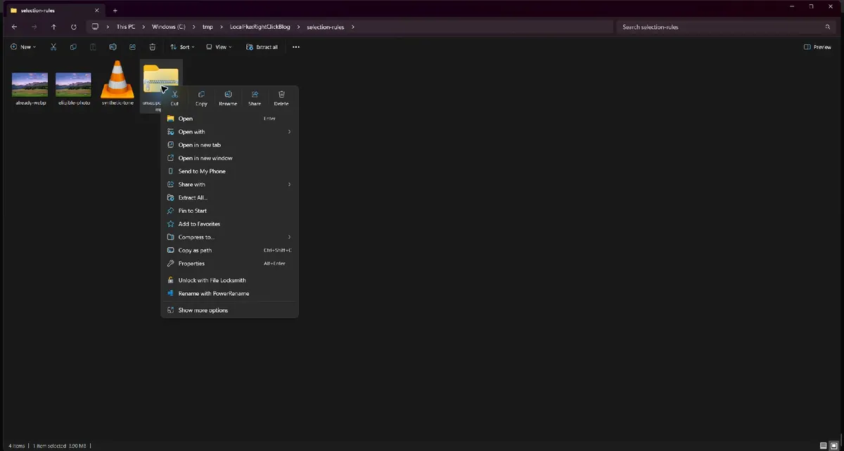 Windows 11 context menu for an unsupported ZIP with no LocalFlux command.