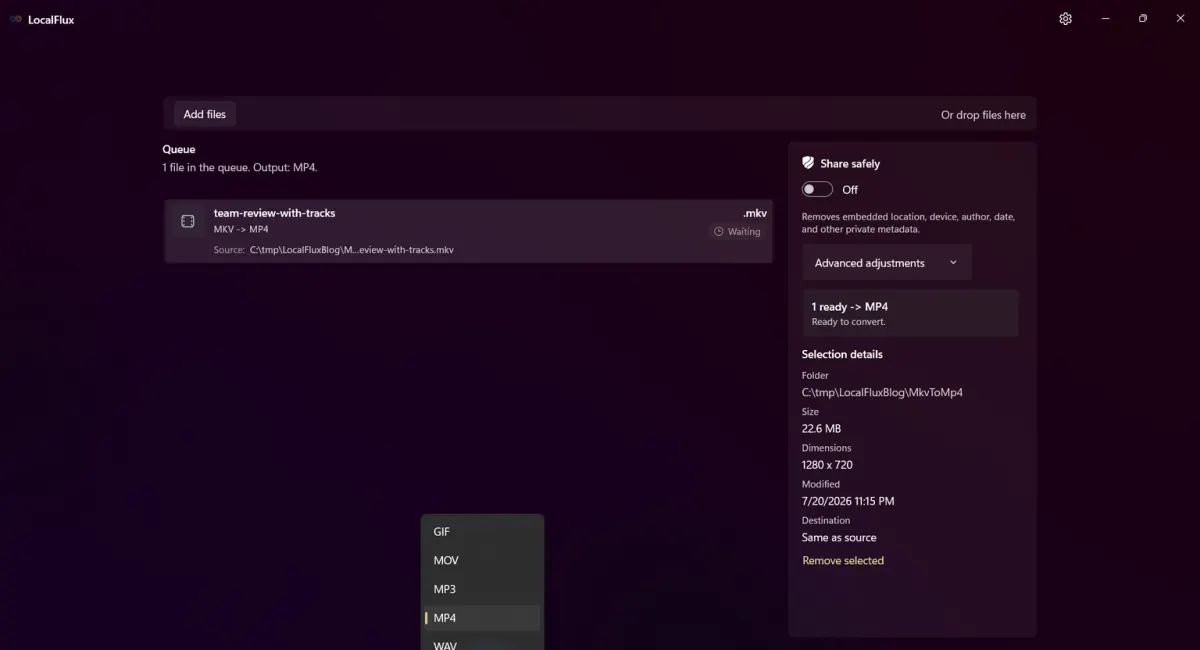 LocalFlux output menu with MP4 selected for the MKV conversion.
