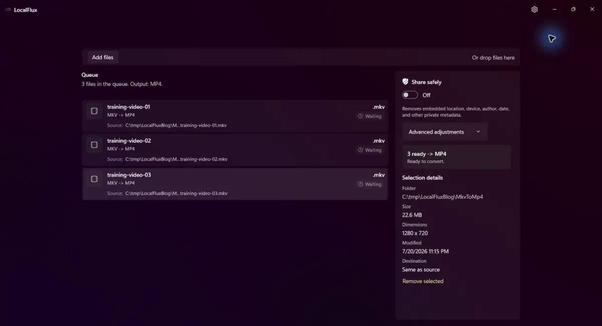 LocalFlux with three synthetic MKV videos ready for batch conversion to MP4.
