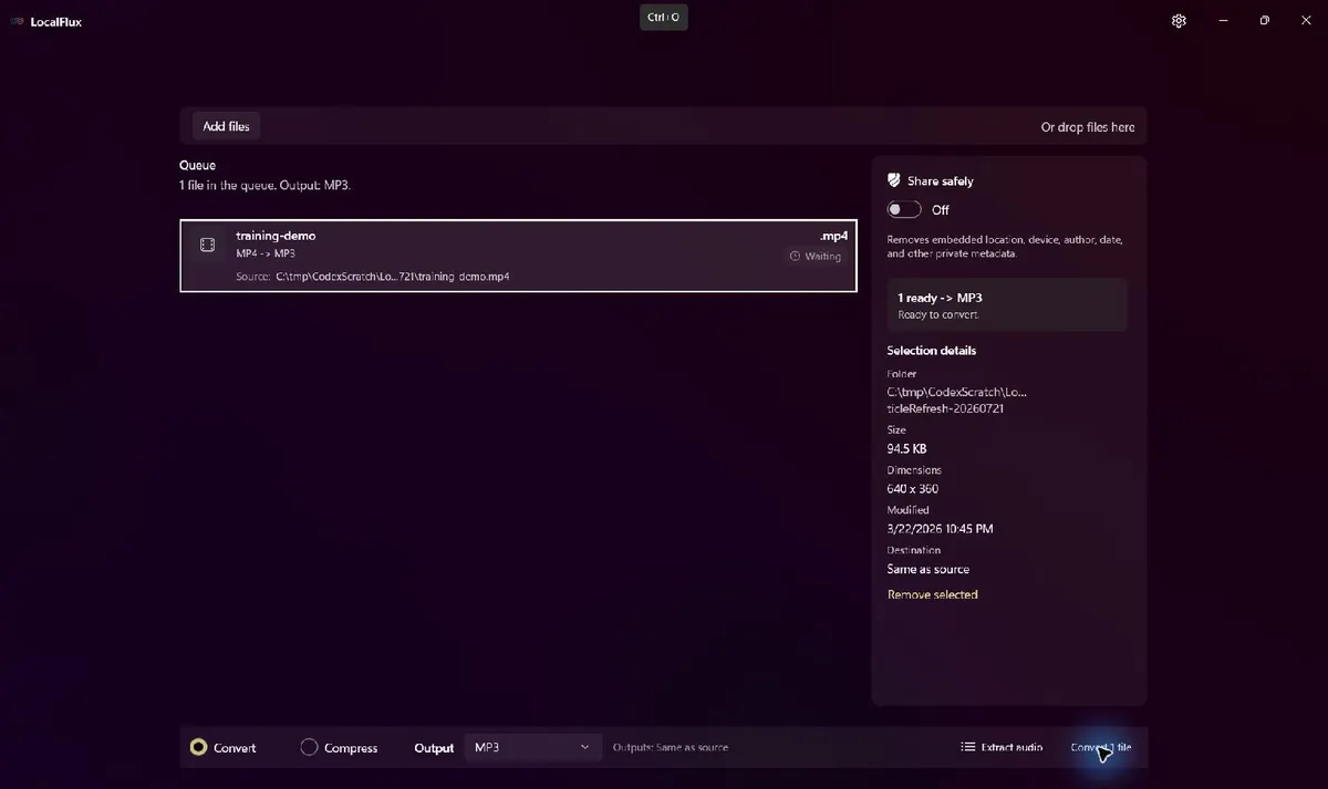 A synthetic MP4 video queued in LocalFlux with MP3 selected as the output.
