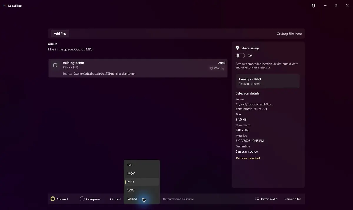The LocalFlux output menu for an MP4 source, with MP3 and WAV available alongside supported video outputs.