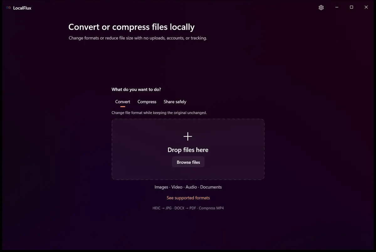 The current LocalFlux home screen with its local file drop area and Browse files button.
