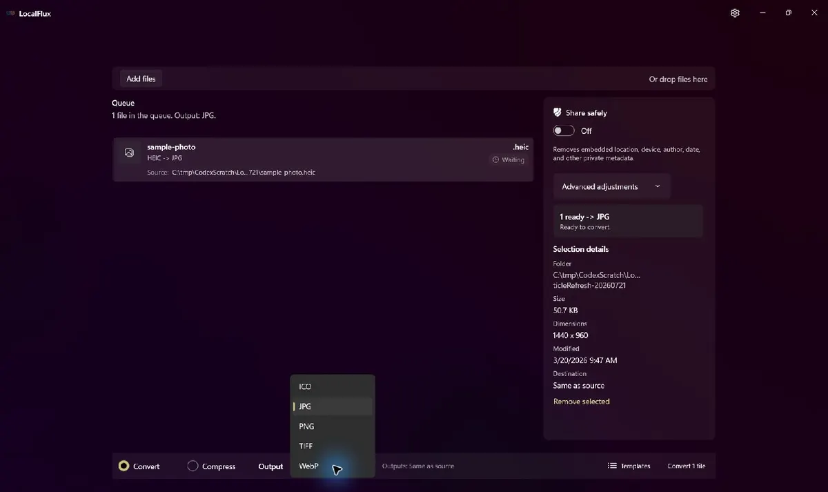 The LocalFlux output menu for a HEIC source, showing JPG, PNG, TIFF, WebP, and ICO.