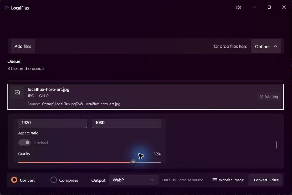 LocalFlux showing the website resize rule, locked aspect ratio, and quality 82 percent.