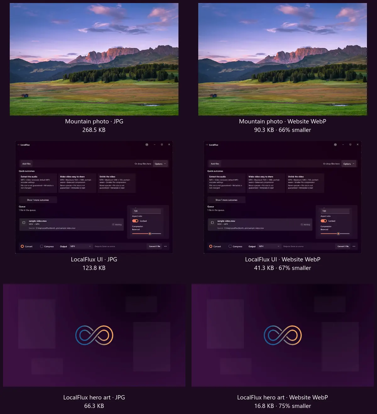 JPG inputs beside the website-template WebP outputs with measured sizes.