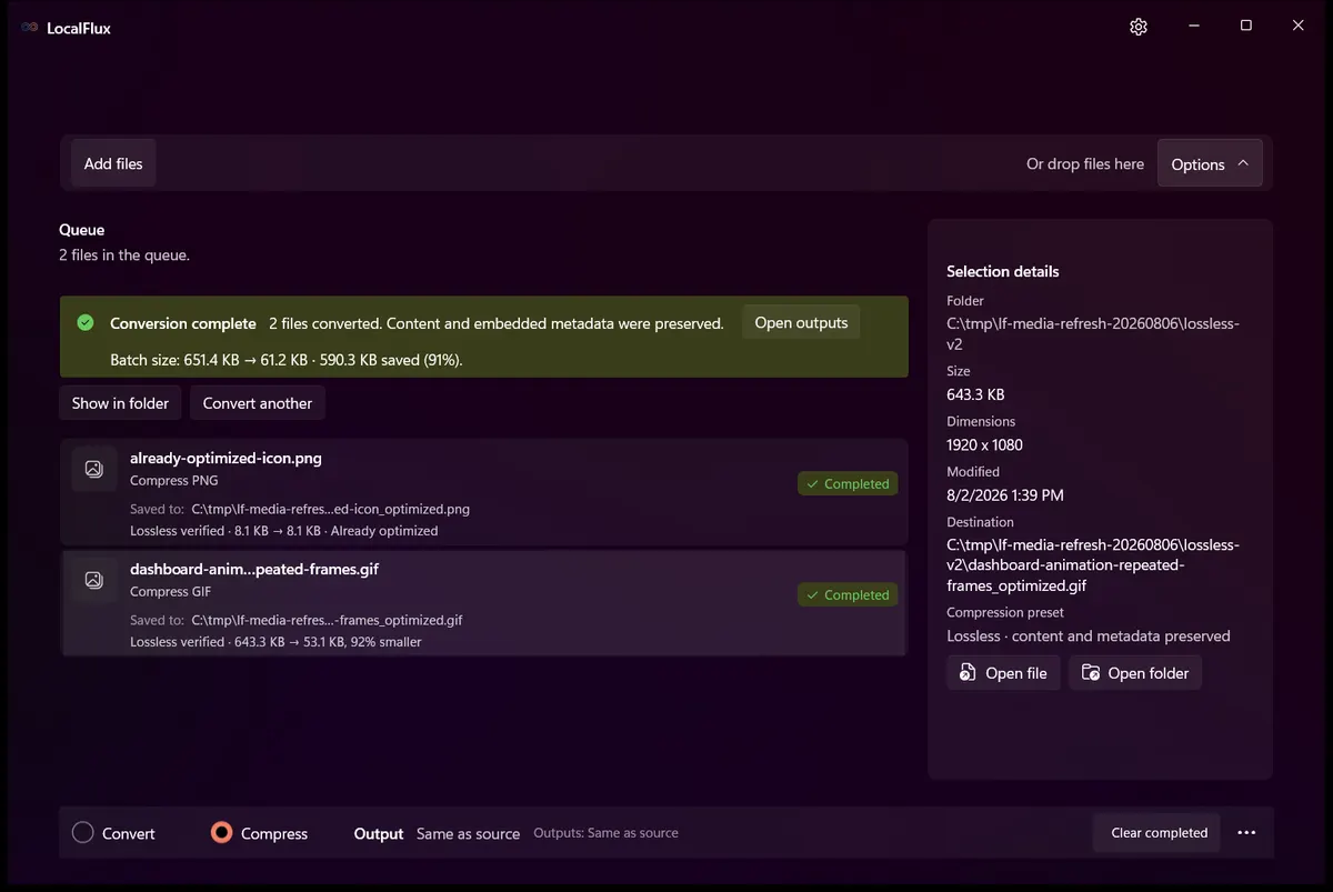 LocalFlux showing a verified lossless GIF result that is 92 percent smaller
