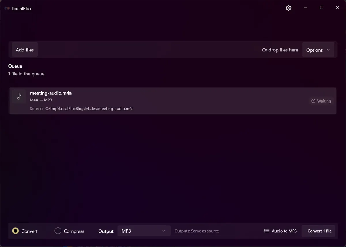 LocalFlux with synthetic M4A audio ready to convert to MP3.