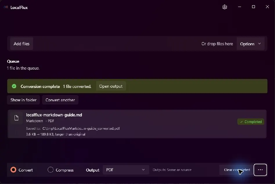 LocalFlux showing a completed Markdown-to-PDF conversion on Windows 11.