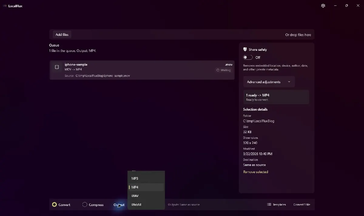 The LocalFlux output menu with MP4 selected for a MOV source file.