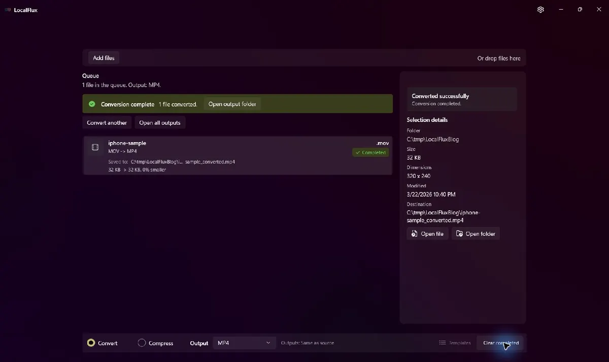 The completed LocalFlux queue showing a MOV-to-MP4 conversion and a new output path under C tmp.