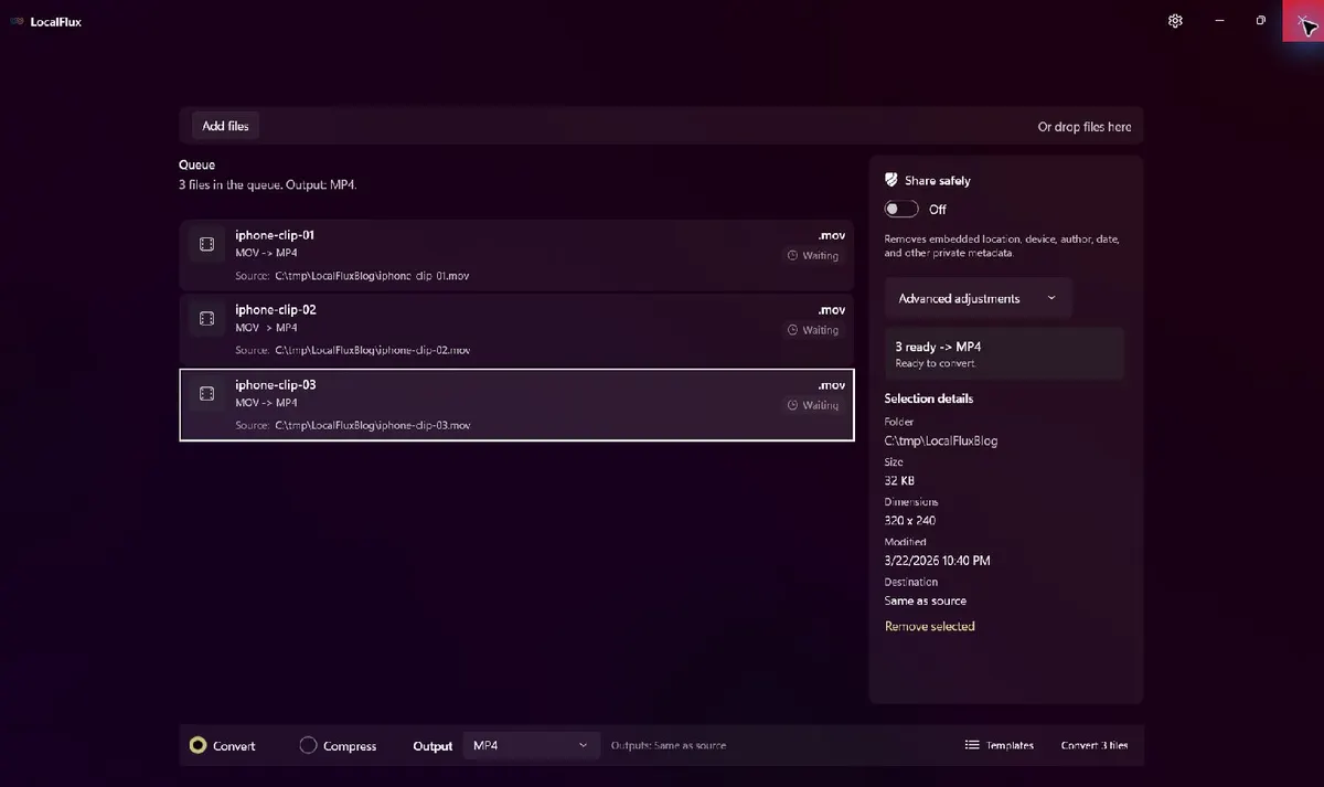 Three synthetic MOV files queued in LocalFlux with all three ready for MP4 output.
