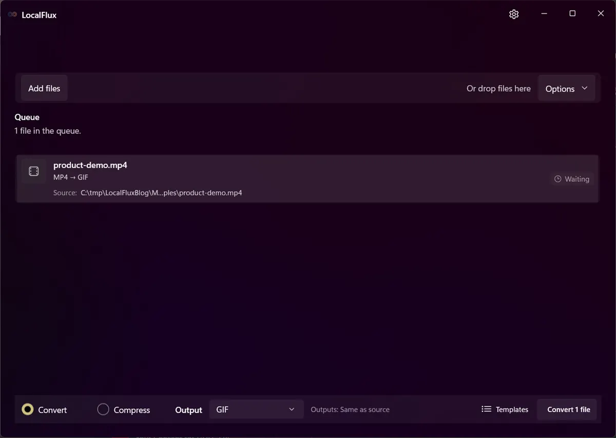 LocalFlux with a synthetic MP4 ready to convert to GIF.