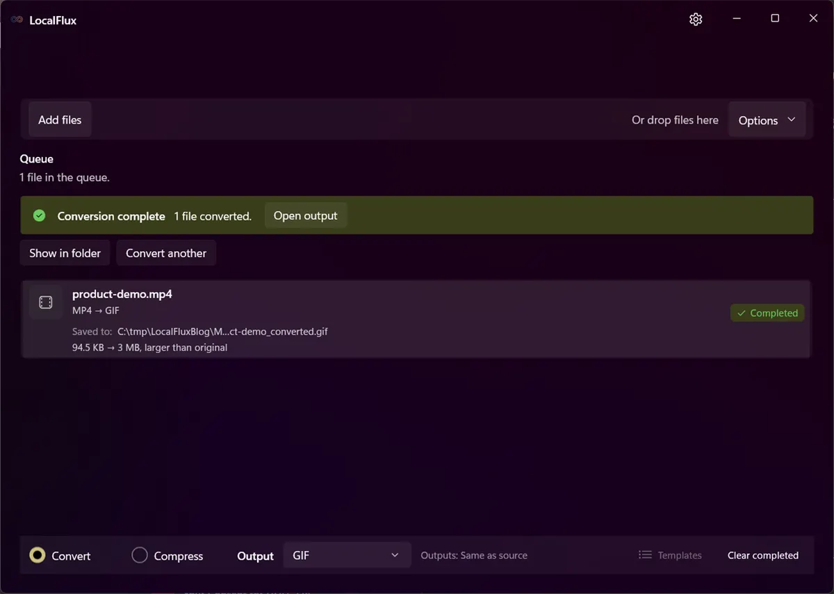 LocalFlux showing a completed MP4-to-GIF conversion and the new output name.