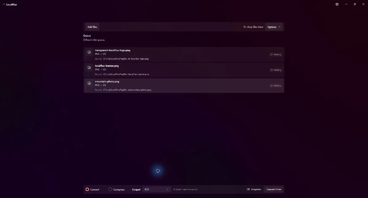 Three PNG files waiting in LocalFlux with ICO selected as the batch output.