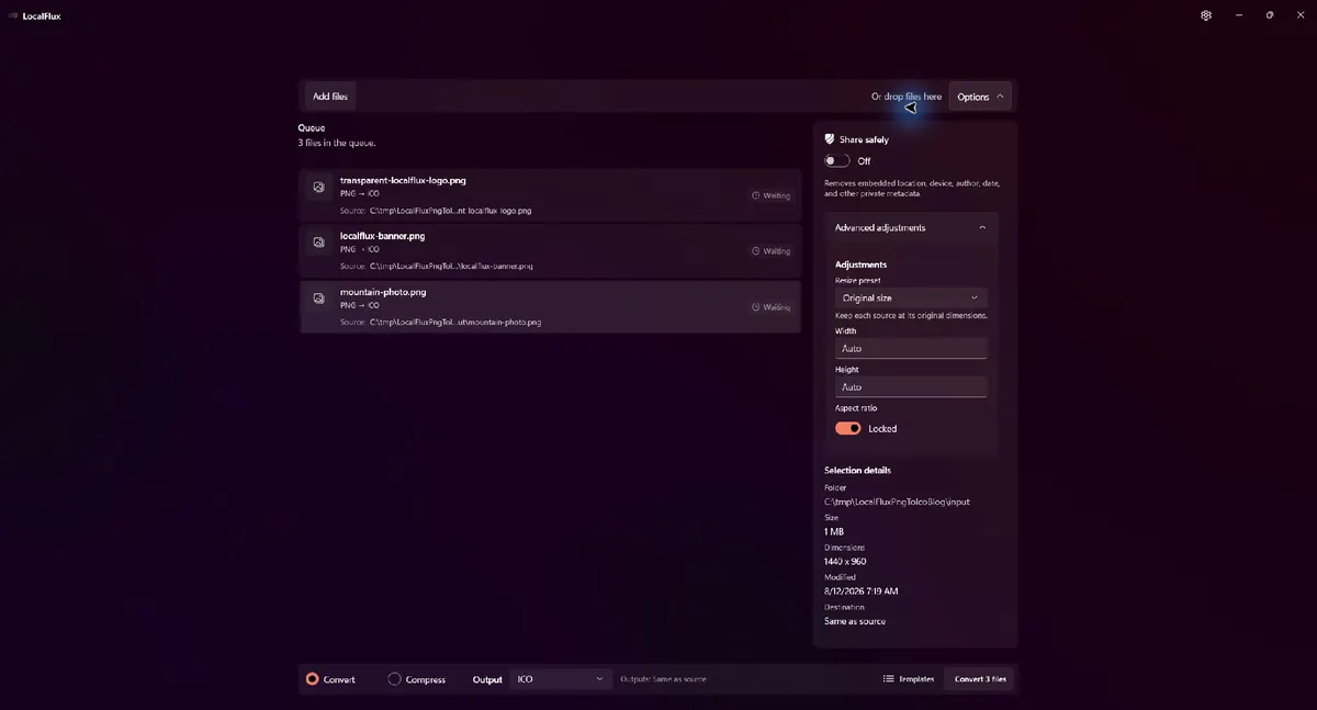 LocalFlux ICO options showing Share safely off, Original size, automatic dimensions, and a locked aspect ratio.