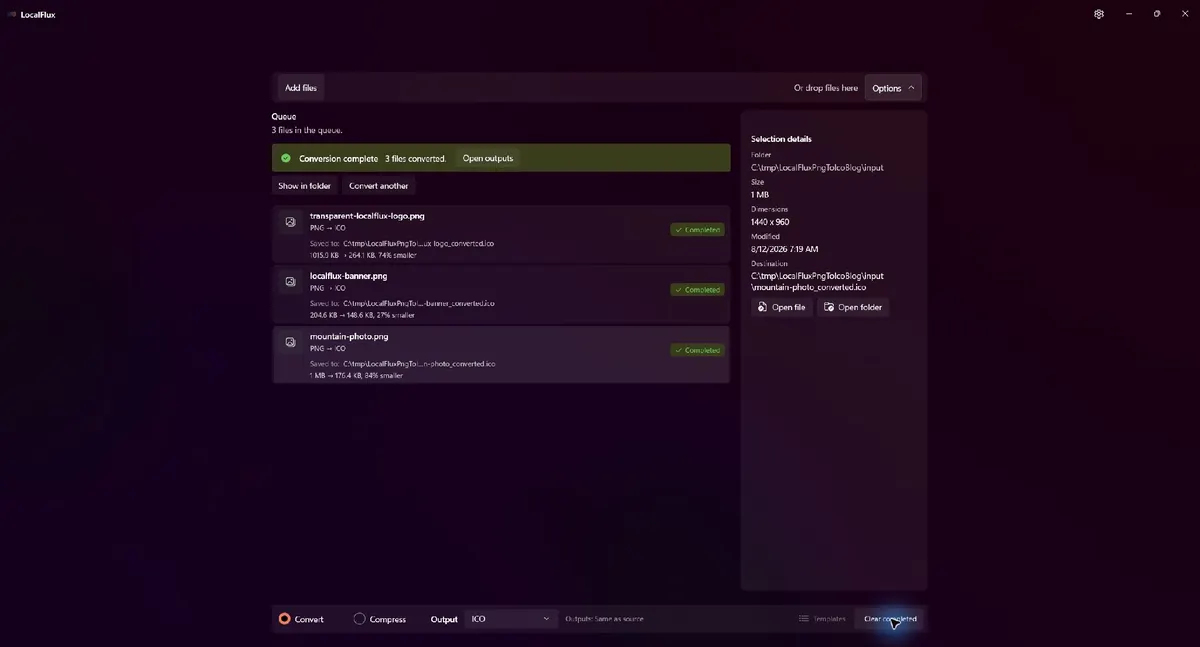 LocalFlux showing three completed PNG-to-ICO conversions and their measured file-size changes.