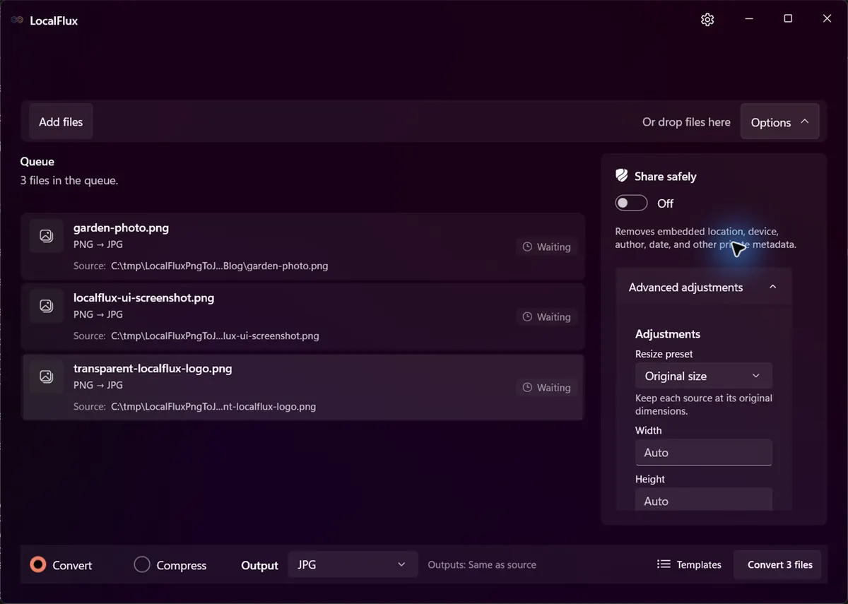 LocalFlux options showing Share safely off, Original size, and automatic width and height.