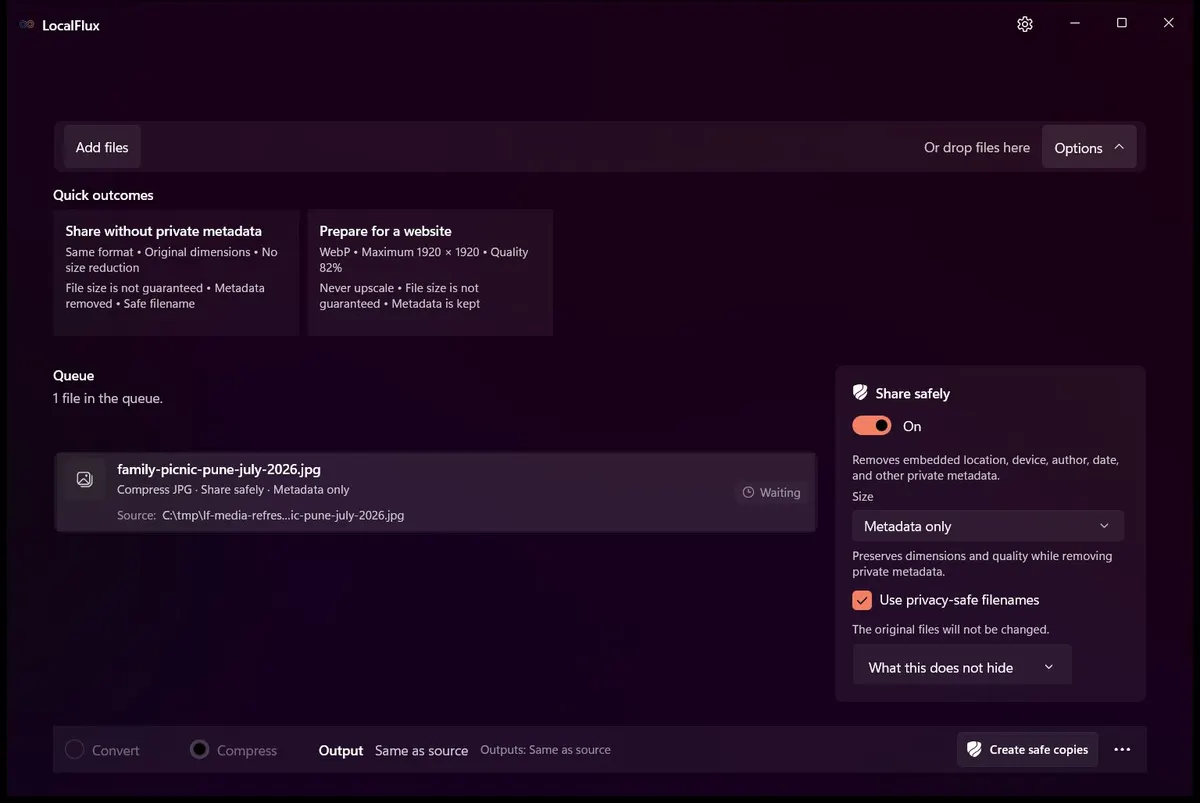 LocalFlux with Balanced for sharing selected, privacy-safe filenames enabled, and the original-preservation notice visible.