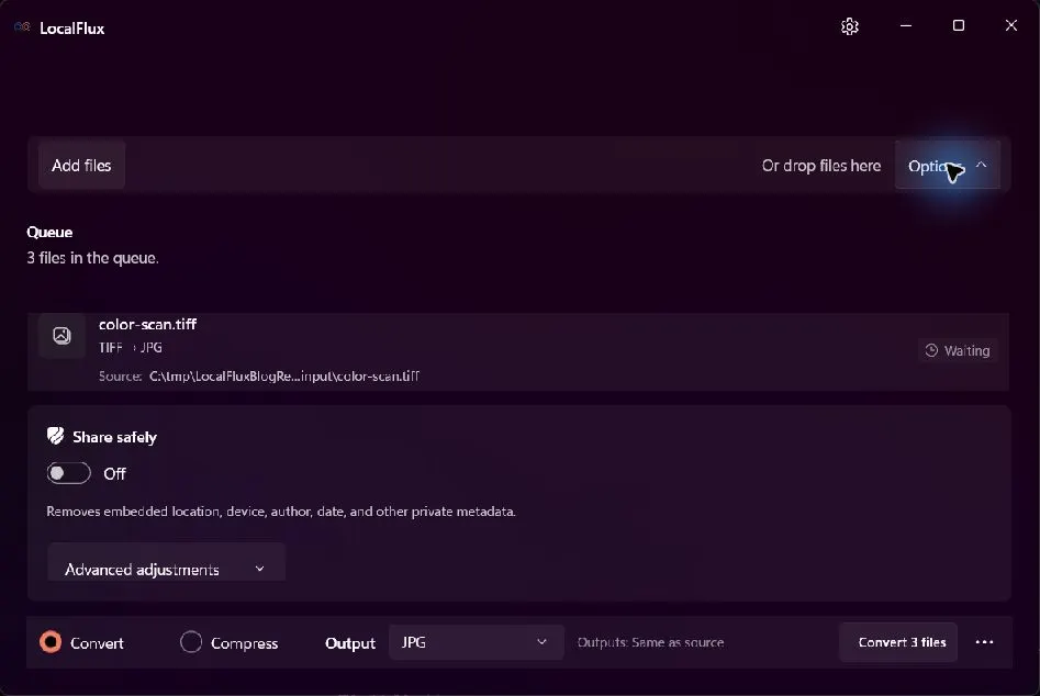 LocalFlux TIFF options with Share safely visible.