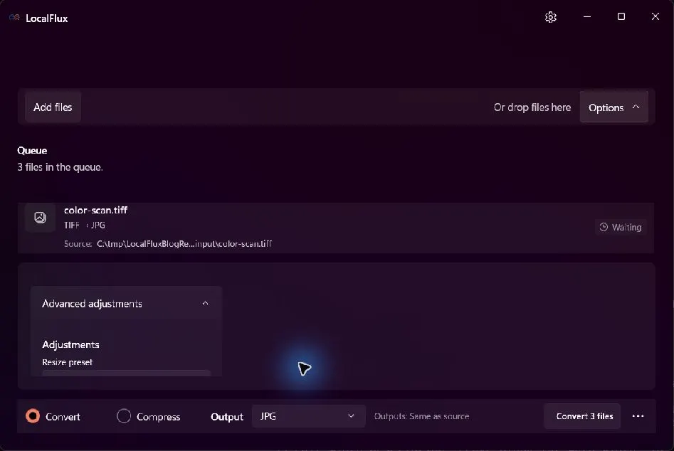 Advanced resize and quality settings for TIFF-to-JPG conversion.