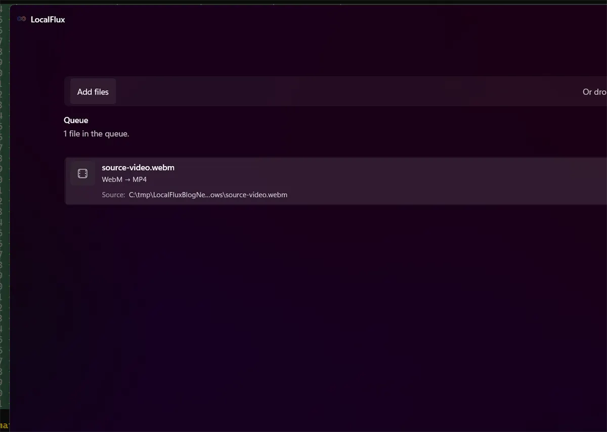 LocalFlux workflow for how to convert webm to mp4 on windows without uploading.
