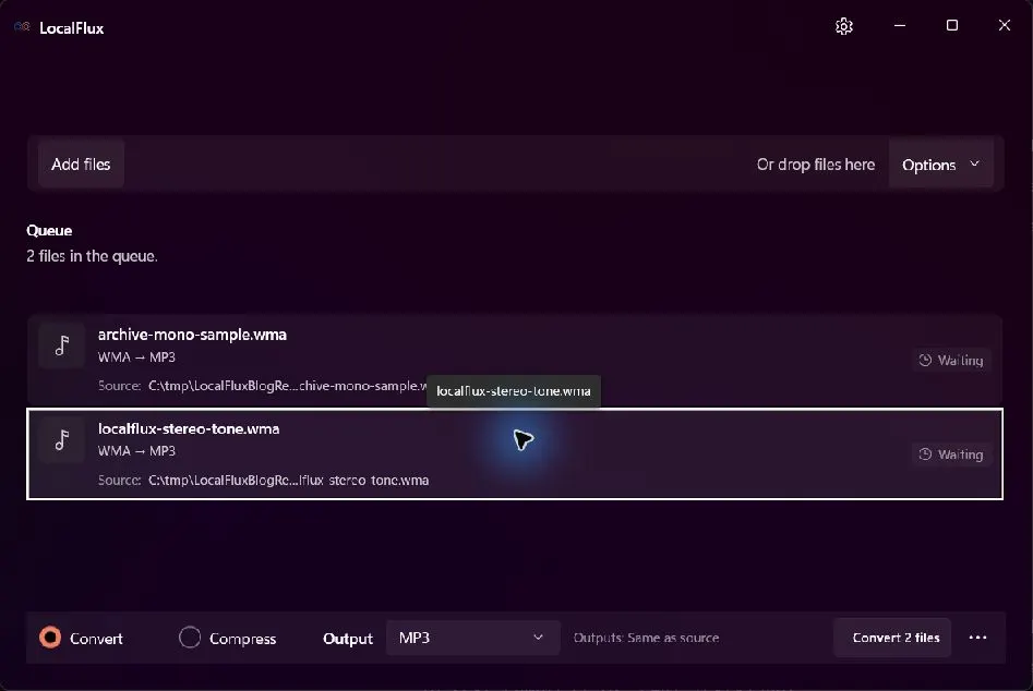 Two WMA files waiting with MP3 selected.