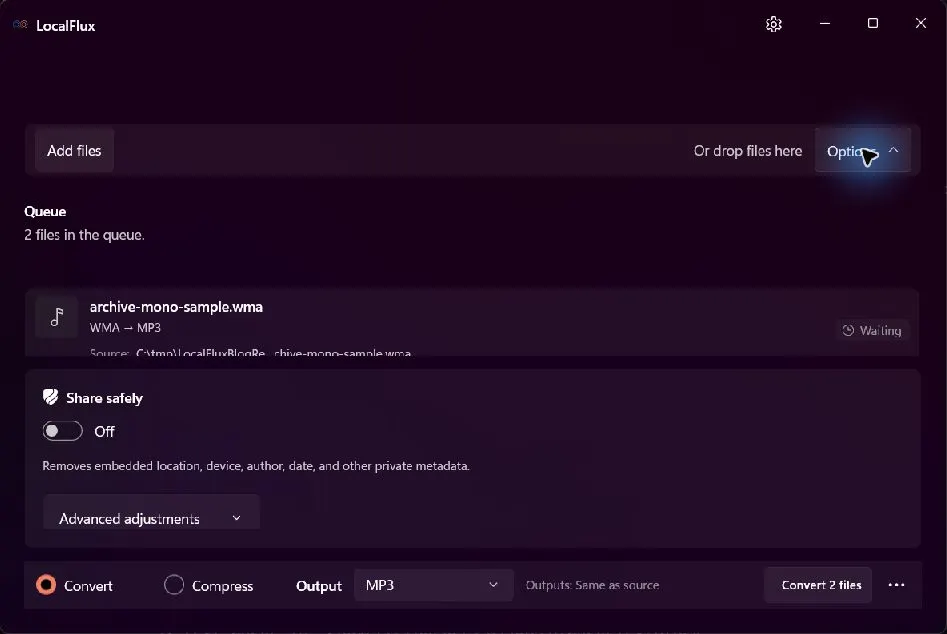 The LocalFlux options panel for WMA conversion.