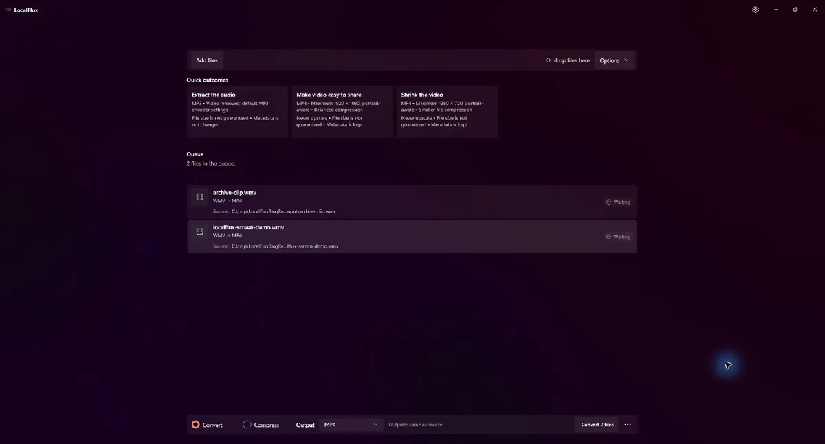 Two WMV files waiting with MP4 selected.