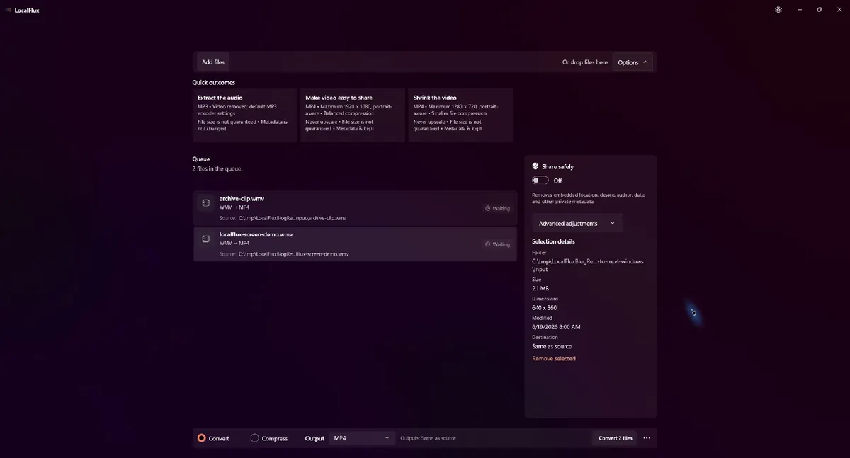 LocalFlux options for the WMV batch.