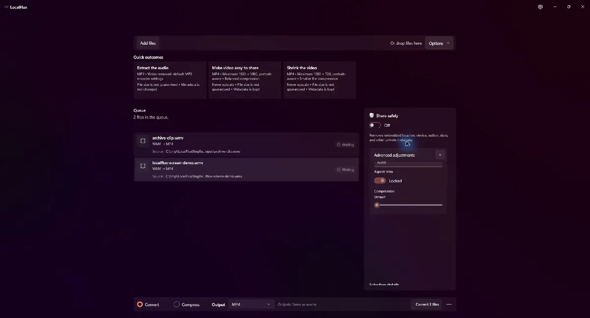 Default advanced adjustments for WMV conversion.