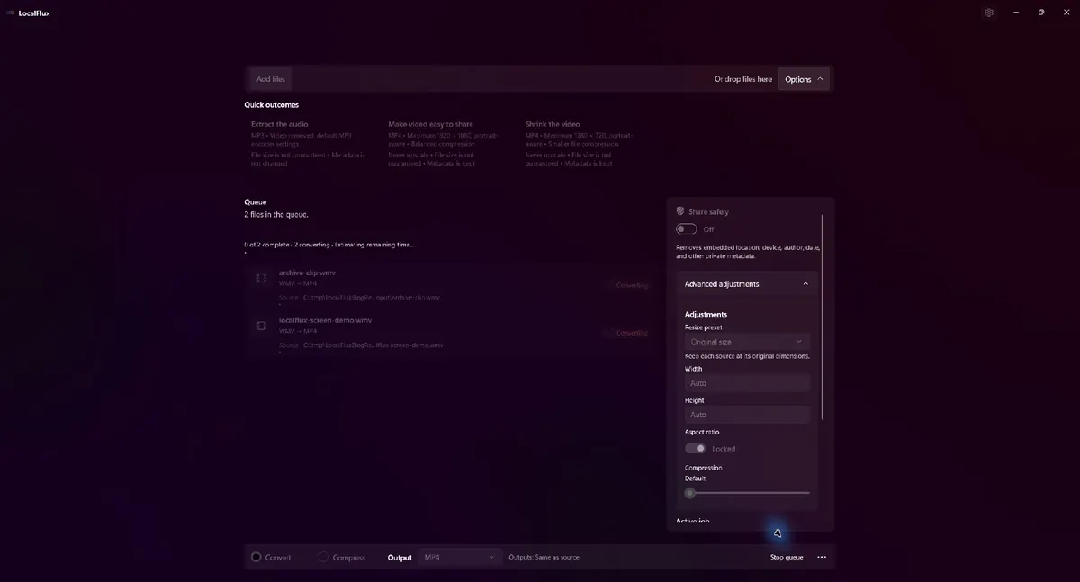 LocalFlux converting a WMV batch.