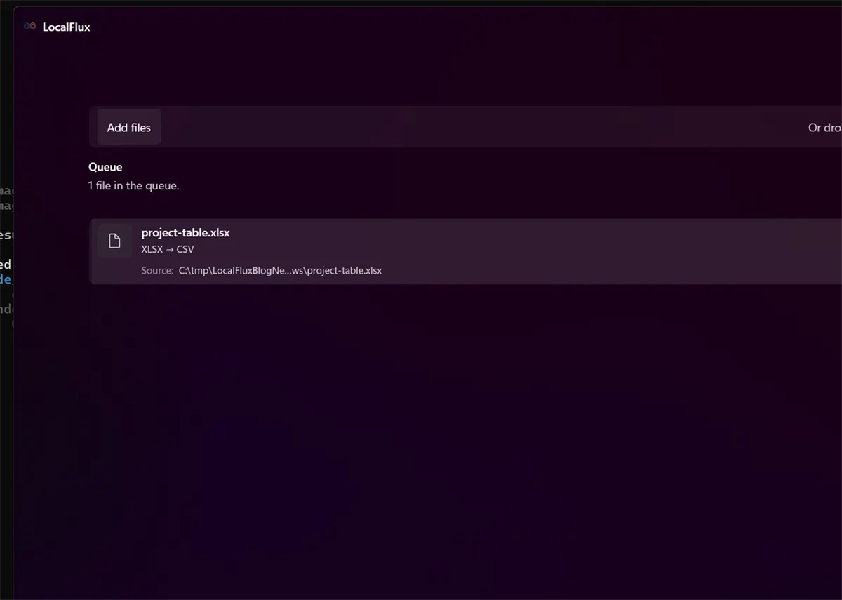 LocalFlux workflow for how to convert xlsx to csv on windows.