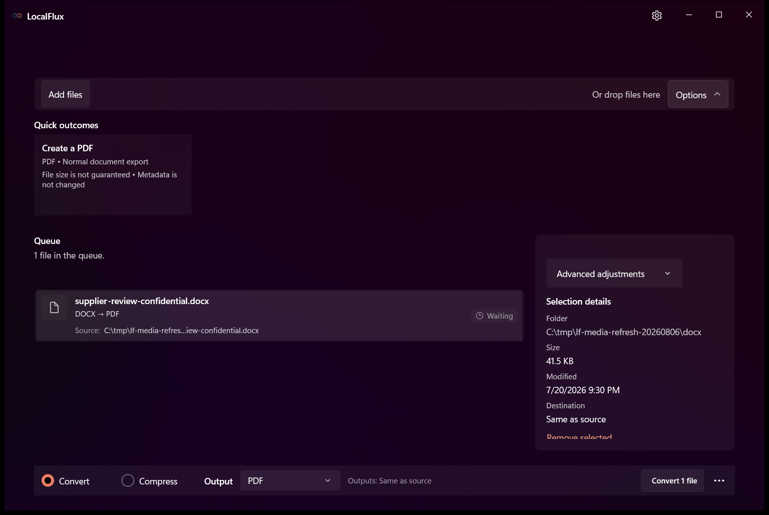 LocalFlux with a synthetic DOCX ready to convert to PDF.