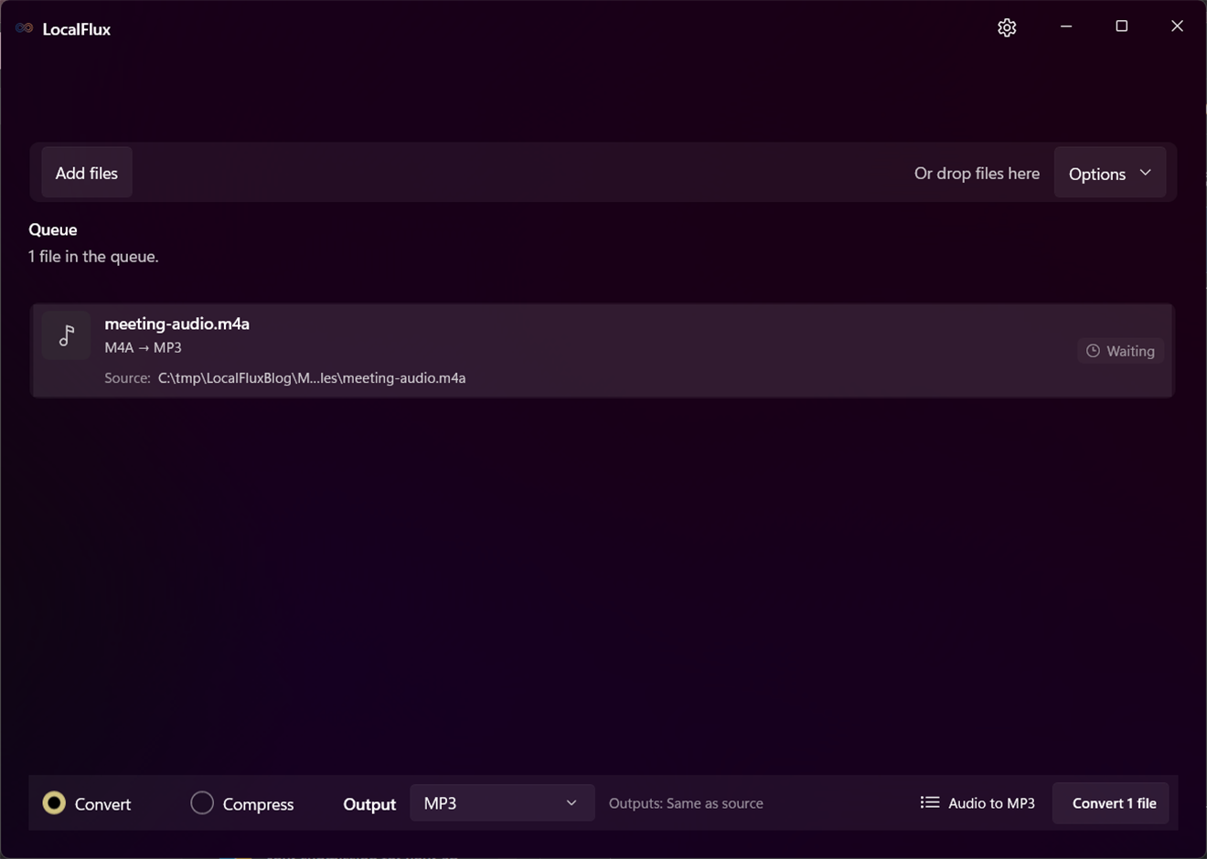 LocalFlux with an M4A audio file ready to convert to MP3.
